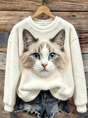 Women's Ragdoll Cat Face Print Cozy Flannel Sweatshirt