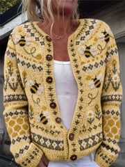 Women's Vintage Flying Bees Honeycomb Floral Isle Pattern Cardigan-Style Knit Jacket