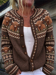 Women's Vintage Highland Cows Farm Floral Isle Pattern Cardigan-Style Knit Jacket