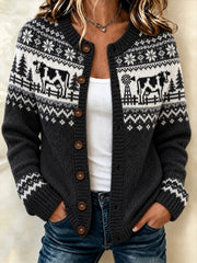 Women's farm cow pattern printed casual cardigan-style knit jacket