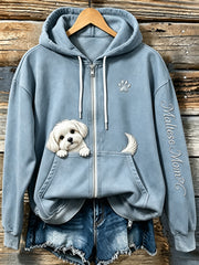 Women's Lovely Peeking Dog & Paw Maltese Mom Print Vintage Zip-Up Hoodie