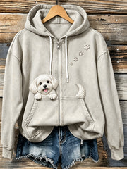 Women's Lovely Peeking Maltese & Paws Print Vintage Zip-Up Hoodie