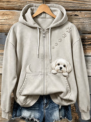 Women's Lovely Peeking Maltese & Paws Print Vintage Zip-Up Hoodie