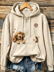 Women's Lovely Peeking Dachshund & Paw Print Vintage Zip-Up Hoodie