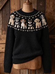 Women's Vintage Dogs Yoke Isle Pattern Print crew neck sweater