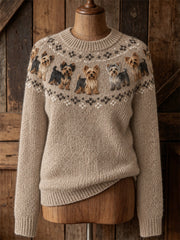 Women's Vintage Yorkie Dogs Yoke Isle Pattern Print crew neck sweater