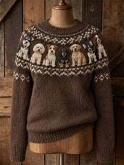 Women's Vintage Dogs Yoke Isle Pattern Print crew neck sweater