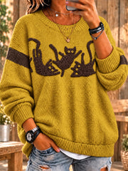 Women's Black Cat Mischief Fuzzy Crewneck Sweater