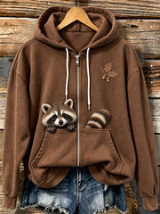 Women's Cute Forest Raccoon Print Comfy Zip-Up Hoodie
