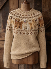 Women's Vintage Golden Retriever Dogs Yoke Isle Print crew neck sweater