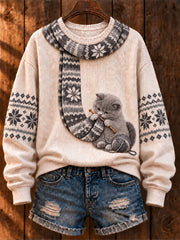 Women's "Cat Knitting a Scarf" British Shorthair Art-Print Casual Sweater