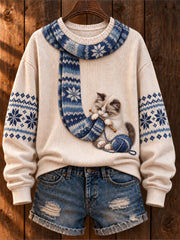 Women's "Cat Knitting a Scarf" Ragdoll Cat Art-Print Casual Sweater