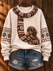 Women's "Dog Knitting a Scarf" Dachshund Art-Print Casual Sweater