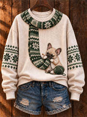 Women's "Dog Knitting a Scarf" French Bulldog Art-Print Casual Sweater