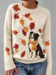 Women's Autumn Leaf Dog Pattern Design Casual Long-Sleeve Sweater
