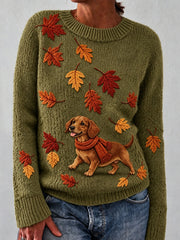 Women's Autumn Leaf Dog Pattern Design Casual Long-Sleeve Sweater
