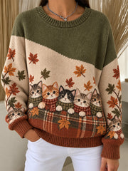 Women's Cute Cats In Autumn And Winter Print Ribbed Round-Neck Sweatshirt