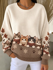 Women's Cute Cats In Autumn And Winter Print Ribbed Round-Neck Sweatshirt
