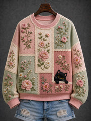 Women's Black Cat Flowers Regular Sweatshirt