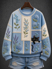 Women's Black Cat Flowers Regular Sweatshirt