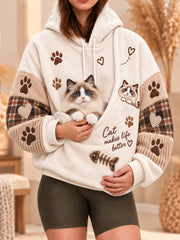 Women's Cute Winter Cat Print Cat Lovers Casual Flannel Hoodie