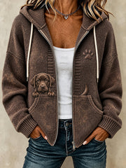 Women's Cute Peeking Chocolate Labrador Retriever & Paw Print Cozy Knitted Coat