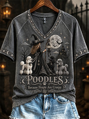 Women's Poodles Because People Are Creepy Halloween Witch & Dogs Print short-sleeved T-shirt