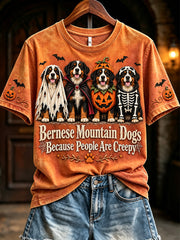 Women's Bernese Mountain Dogs Because People Are Creepy Halloween Print Short-sleeved T-shirt