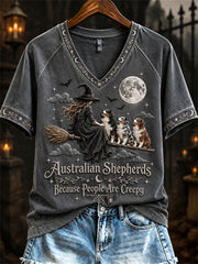 Women's Australian Shepherds Because People Are Creepy Halloween Witch & Dogs Print short-sleeved T-shirt
