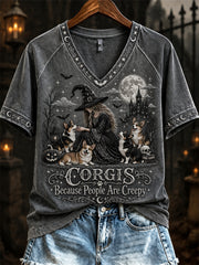 Women's Corgis Because People Are Creepy Halloween Witch & Dogs Print short-sleeved T-shirt