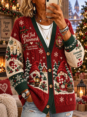 Women's Christmas-Themed Print Knit Cardigan