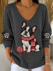 Women's Cute Scarf Dog Print V-Neck Ribbed Top