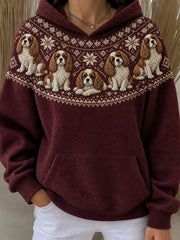 Women's Vintage Cavalier Dogs Yoke Isle Pattern Print Oversize Hoodies