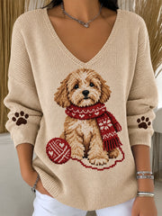 Women's Cute Scarf Dog Print V-Neck Ribbed Top
