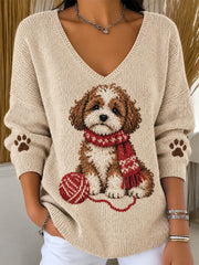 Women's Cute Scarf Dog Print V-Neck Ribbed Top