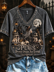Women's Pugs Because People Are Creepy Halloween Witch & Dogs Print short-sleeved T-shirt