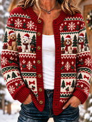 Women's Christmas Cute Cat Art Print Casual Cardigan