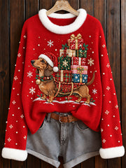 Women's Christmas Dachshund Print Crew Neck Sweater