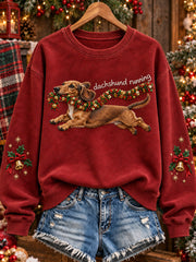 Women's Cute Dachshund Running Christmas Dog Print Sweatshirt