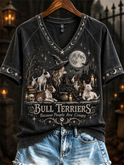 Women's Bull Terriers Because People Are Creepy Halloween Witch & Dogs Print short-sleeved T-shirt