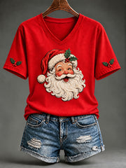 Women's Christmas Santa Claus Art V-neck Short Sleeve T-shirt