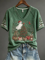 Women's Christmas Ghost Christmas Tree Decorating Print short-sleeved T-shirt