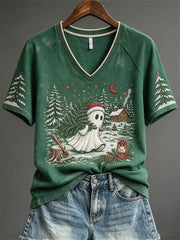 Women's Christmas Logging Ghost Forest Cottage Print short-sleeved T-shirt