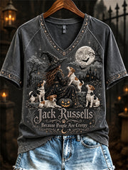 Women's Jack Russells Because People Are Creepy Halloween Witch & Dogs Print short-sleeved T-shirt