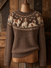 Women's Vintage Clumber Spaniel Dogs Yoke Isle Pattern Print Cozy Crew neck Sweater