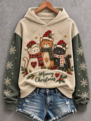 Women's Vintage Christmas "Meowy Christmas" Cute Cats Art Regular Hoodie