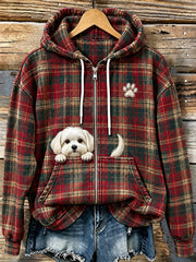 Women's Cute Peeking Maltese Christmas Plaid Print Zip-Up Hoodie