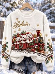Women's Vintage Believe Christmas Train & Maltese Dogs Print Cozy Flannel Sweatshirt