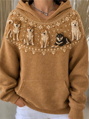 Women's Vintage Shiba Inu Dogs Yoke Isle Pattern Print Hoodie
