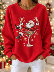 Women's Christmas Santa Claus Wine Glass Print Waffle Top